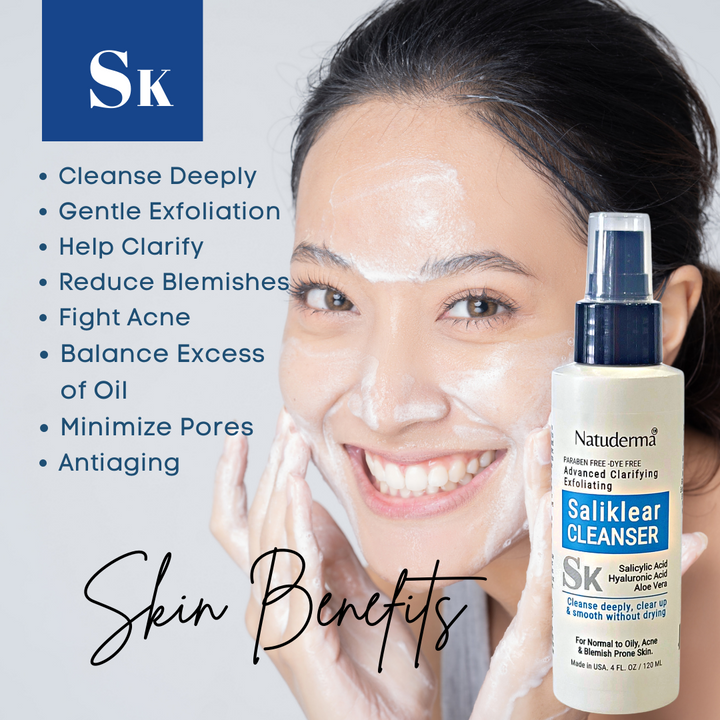 Saliklear Face Cleanser by Natuderma, Skin Benefits. Cleanse deeply, gentle exfoliation, fight acne, reduce blemishes. Happy Woman washing her face.