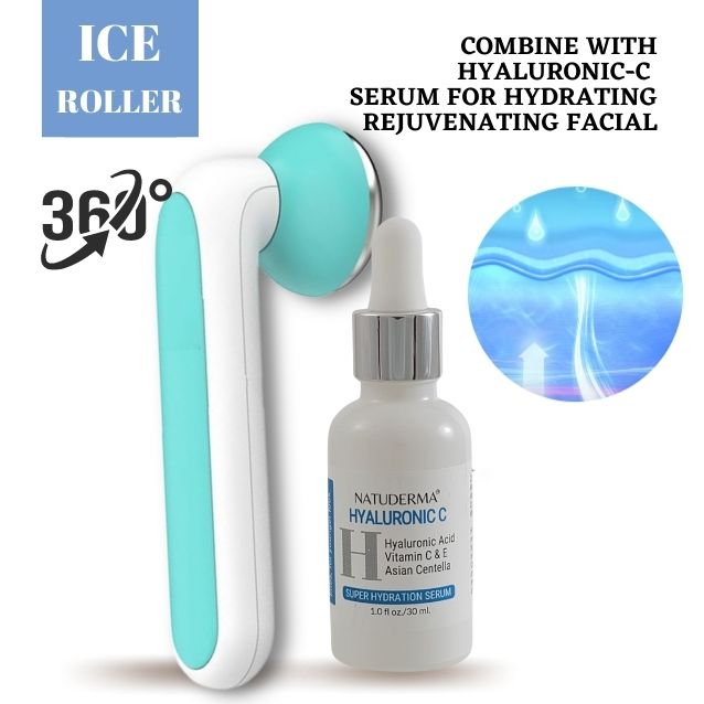 Ice Roller for face by Natuderma Skin Care tool. Essential skin care tool, lift sagging skin, reduce pores, calm the skin. Use with Hyaluronic Acid Serum for a rejuvenating facial.