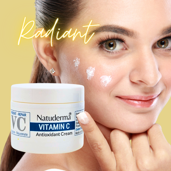 Natuderma Vitamin C Cream for uneven skin tone, brightening antioxidant cream with shea butter for radiant skin.