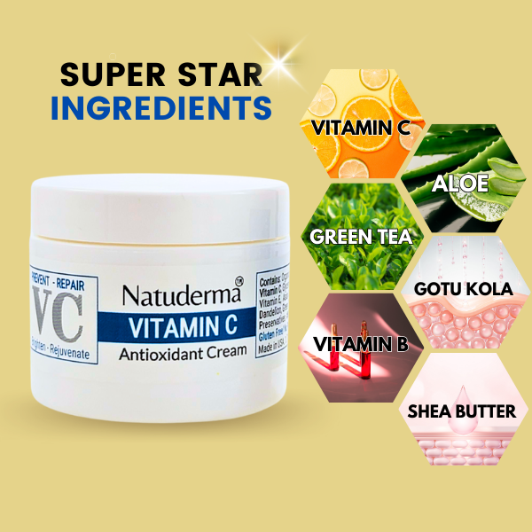 Natuderma Vitamin C Cream for face, uneven skin tone, brightening antioxidant cream with shea butter, asian centella o gotu kola, vitamin b, aloe and green tea.