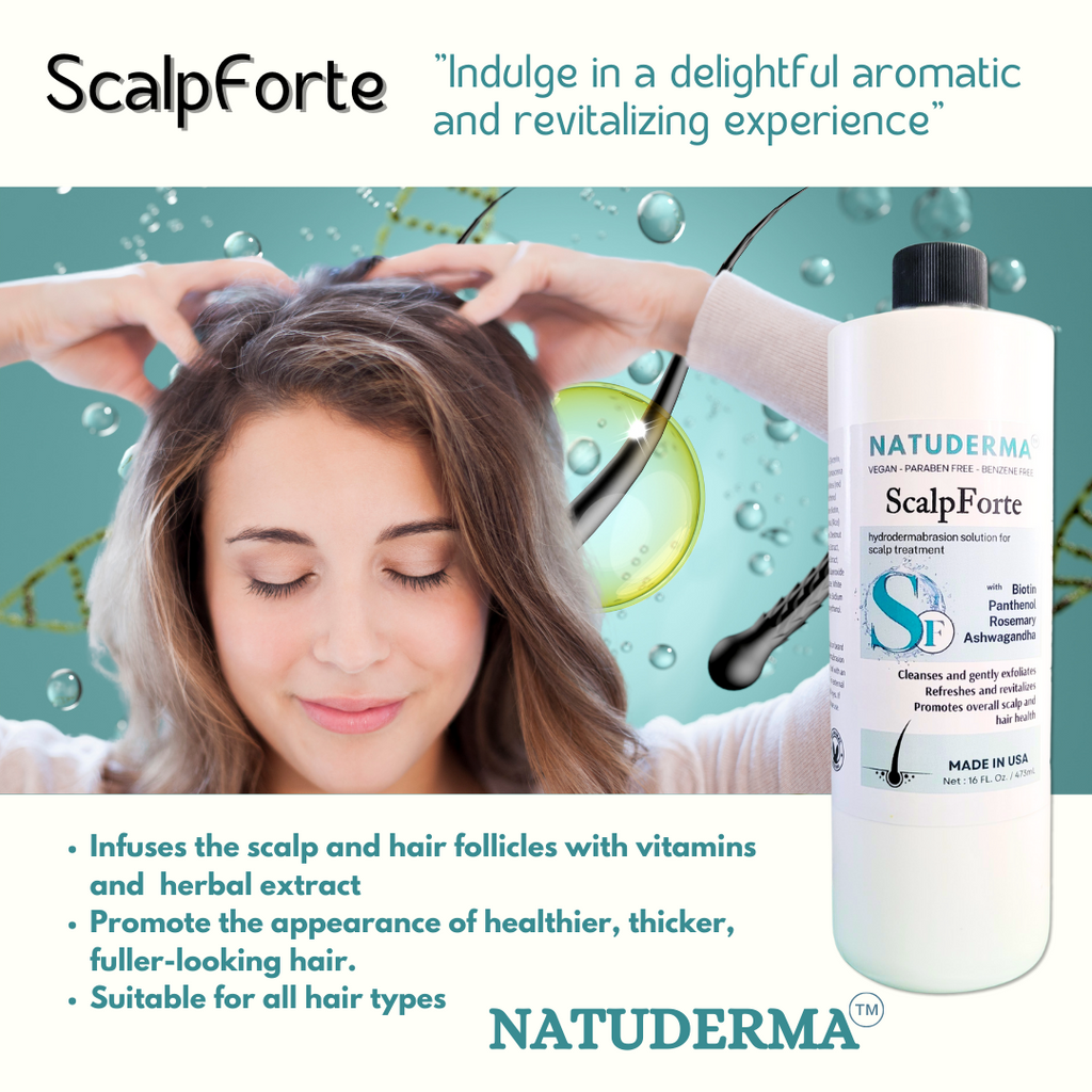 "Woman enjoying a scalp massage with ScalpForte hydrodermabrasion solution treatment for hair loss, thicker, healthier hair."