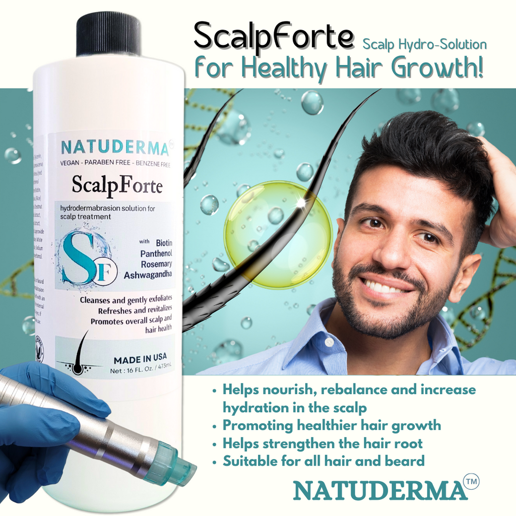 "Man smiling, holding his hair, alongside ScalpForte bottle, a hair growth serum for scalp treatment compatible with hydrafacial machines."