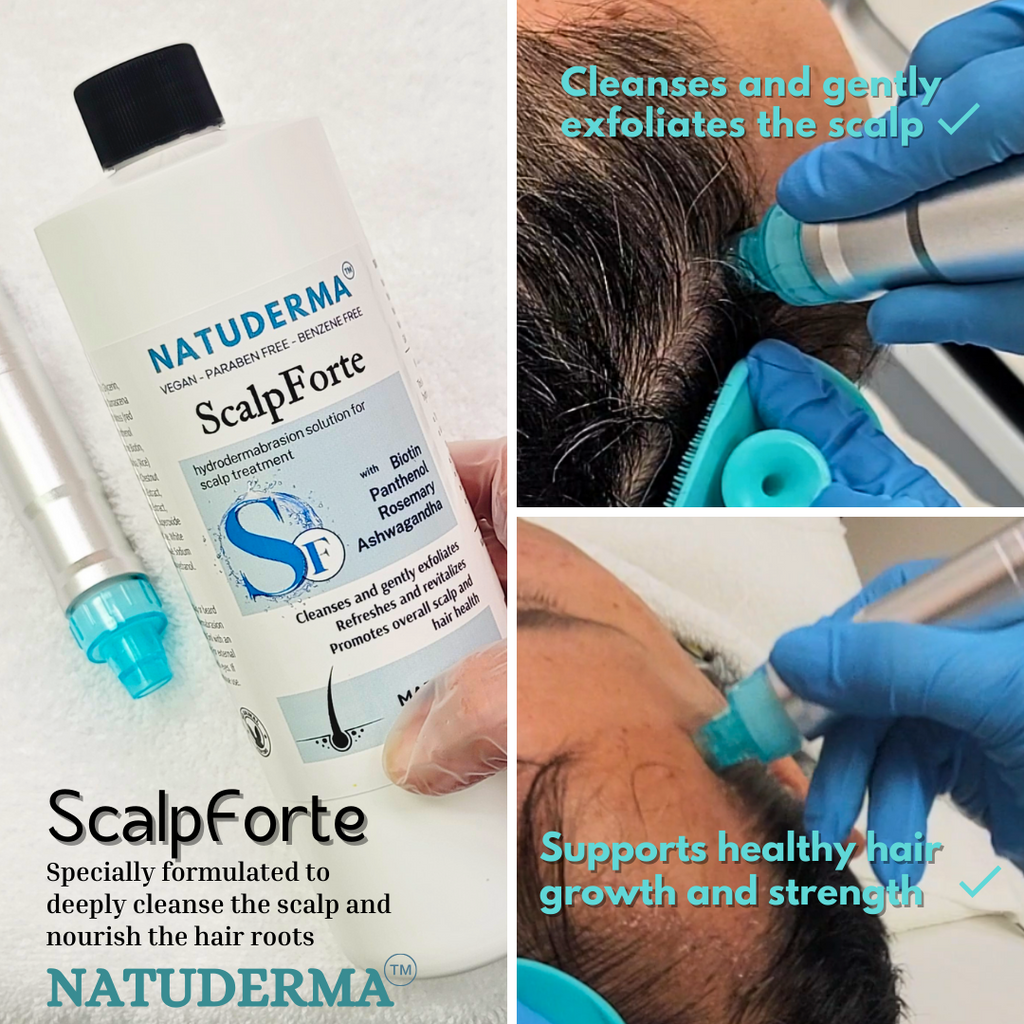 "Hydrodermabrasion serum being applied for deep scalp cleansing and supporting hair growth called Hydra Scalp treatments.”