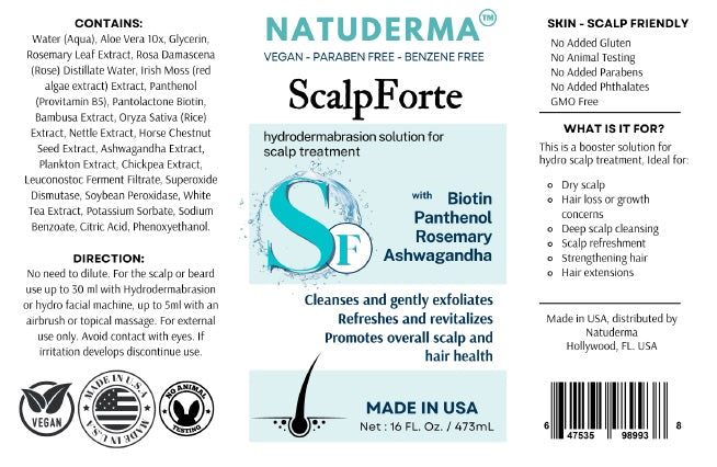 Label of Scalp Forte hydro facial serum for scalp treatments