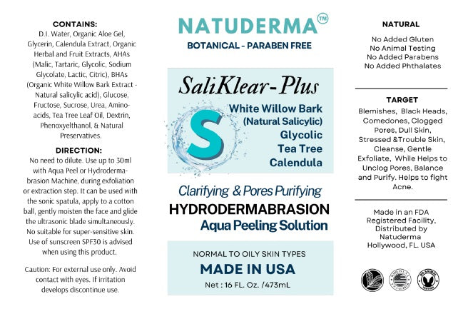 label of Saliklear Hydro Facial Solution for Oily skin treatments and open pores 