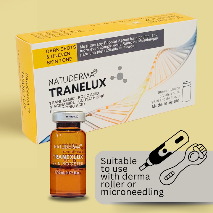 Tranelux facial serum with tranexamic acid, gluthatione, vitamin C and hyaluronic acid, 5 vials by Natuderma, suitable to use with derma roller or microneedling