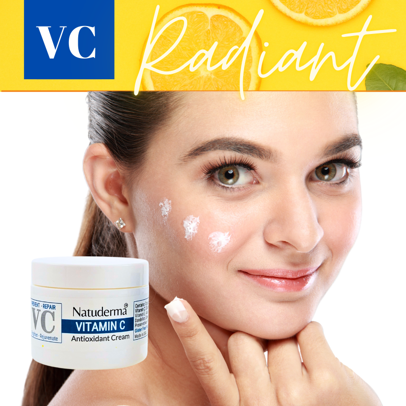 Natuderma Vitamin C "VC" Anti Aging Brightening Cream for face , skin moisturizer with shea butter acid and gotu kola, showing a radiant women face