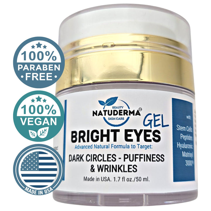 Vegan Face moisturizer for dark circles, puffiness and wrinkles. Vitamin C, Hyaluronic Acid, Collagen Peptides Gel Cream. Made in USA. Bright Eye Gel by Natuderma.