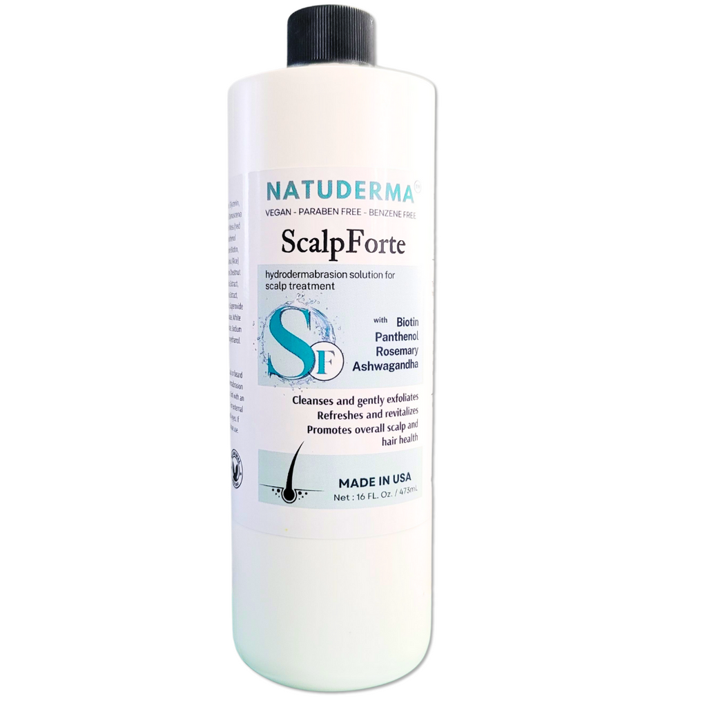 “Hydrodermabrasion solution for scalp treatment ScalpForte, 16oz bottle for hydrafacial machine before Keravive.”  