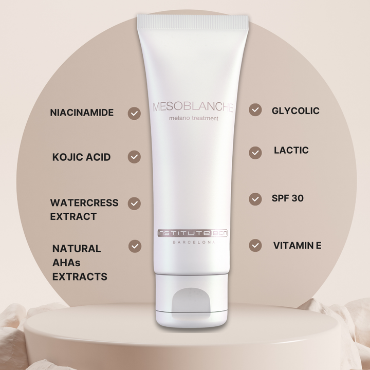 Mesoblanche moisturizer brightening cream for hiperpigmentation, with all its ingredients, niacinamide, kojic, vitamin e, glycolic, and spf30