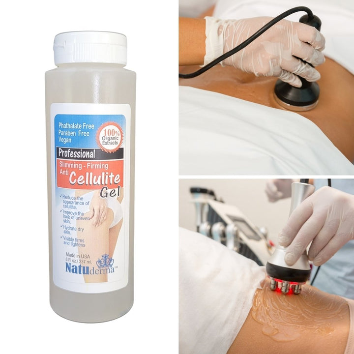 Anti-cellulite slimming gel to use during massage, with cavitation or radio frequency machine, made in USA by Natuderma