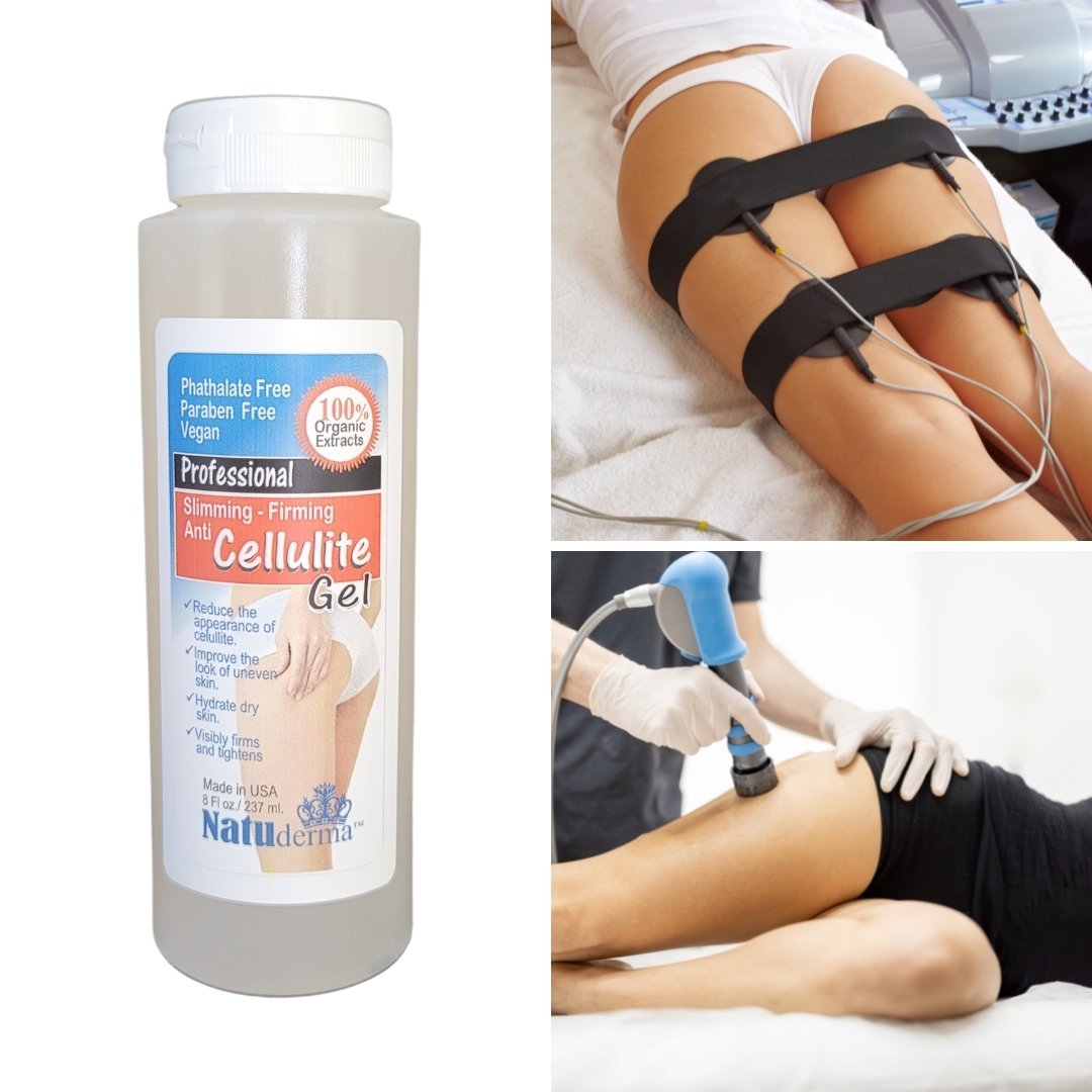 Anti-cellulite slimming gel to use during massage, shock wave, ems, cavitation or radio frequency machine, made in USA by Natuderma