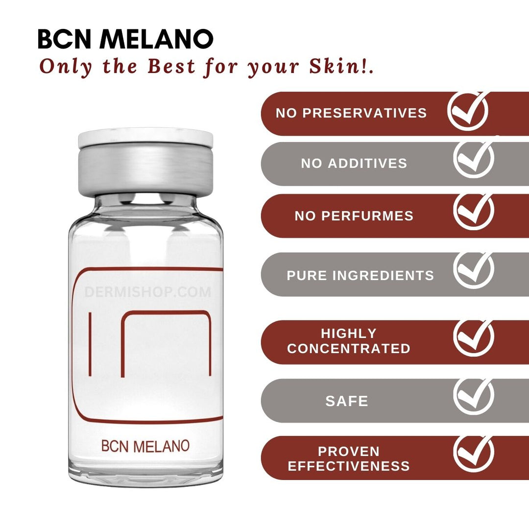 BCN Melano is a Brightening Vitamin C Serum, 5 vials of 5ml each, with Vitamin C, Glutha600, Glycolic, Kojic, and Citric Acids. Use BCN MELANO to target dark spot, uneven skin color, black spot or melasma.