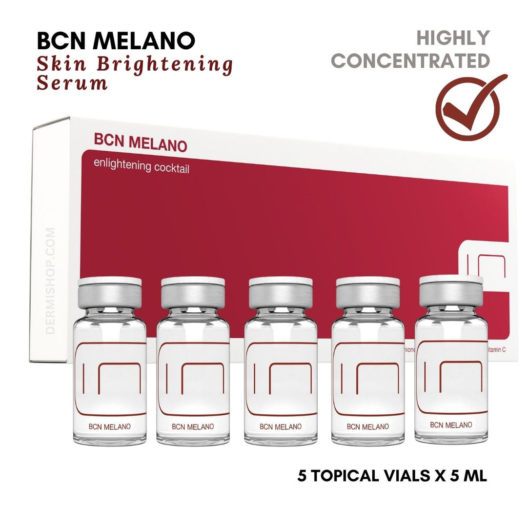 BCN Melano is a Brightening Vitamin C Serum, 5 vials of 5ml each, with Vitamin C, Glutha600, Glycolic, Kojic, and Citric Acids. Use BCN MELANO to target dark spot, uneven skin color, black spot or melasma.