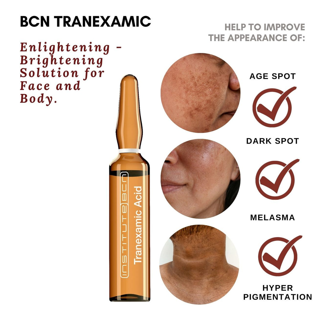 BCN Tranexamic Acid Skin Brightening Serum, with Tranexamic Acid to target dark spot, uneven skin color, black spot and melasma. Made in Spain  by Institute BCN 10 ampoules of 2ml each.