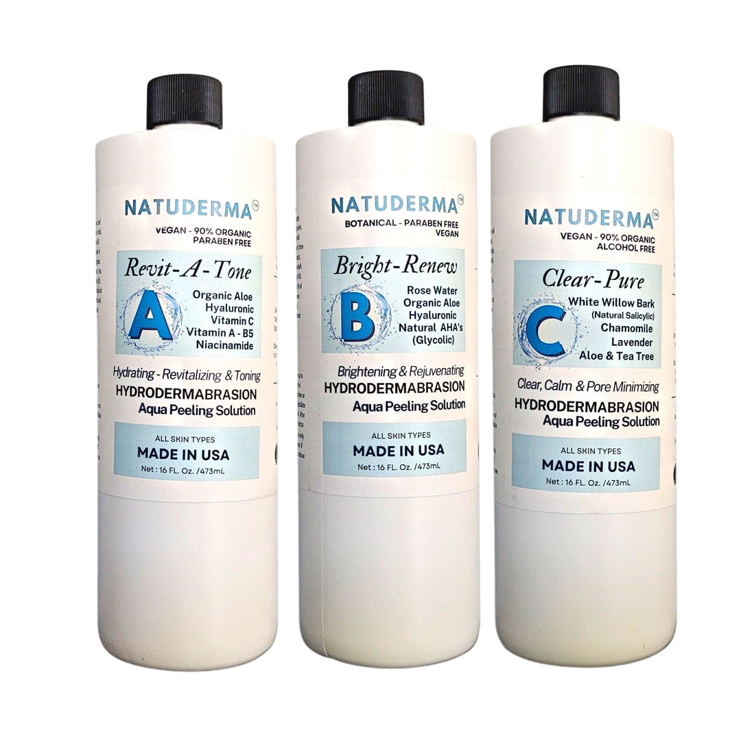 Hydrodermabrasion Solution to use as Professional hydrafacial solution with any hydrodermabrasion machine or hydrofacial, aquapeeling. Hydrafacial Solution is Set of 3 hydro serums made in USA by Natuderma.