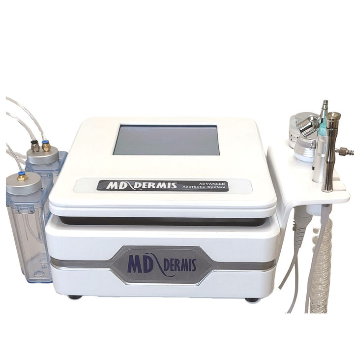 MD Dermis Hydrodermabrasion Machine for professional skin cleansing, exfoliation, and hydration. Features dual solution tanks, touchscreen control, and multiple attachments for spa and esthetician use.