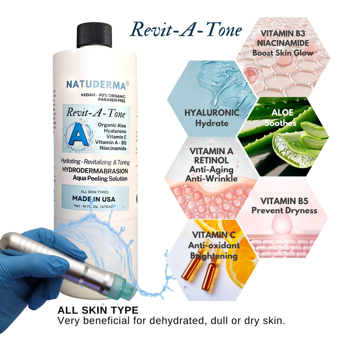 Natuderma Hydrodermabrasion solution for hydrafacial, hydropeeling or huydrodermabrasion treatment, Revitatone solution A. Hydrodermabrasion Serum with Retinol, Niacinamide, Aloe, Vitamin C and Vitamin B5.